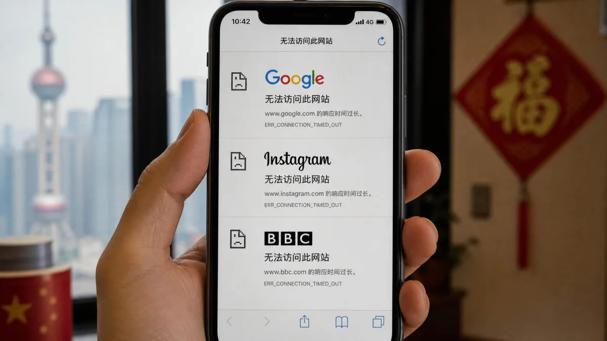 A phone in China showing Google, Instagram, and the BBC website all failing to load, demonstrating the range of blocked services without a VPN.
