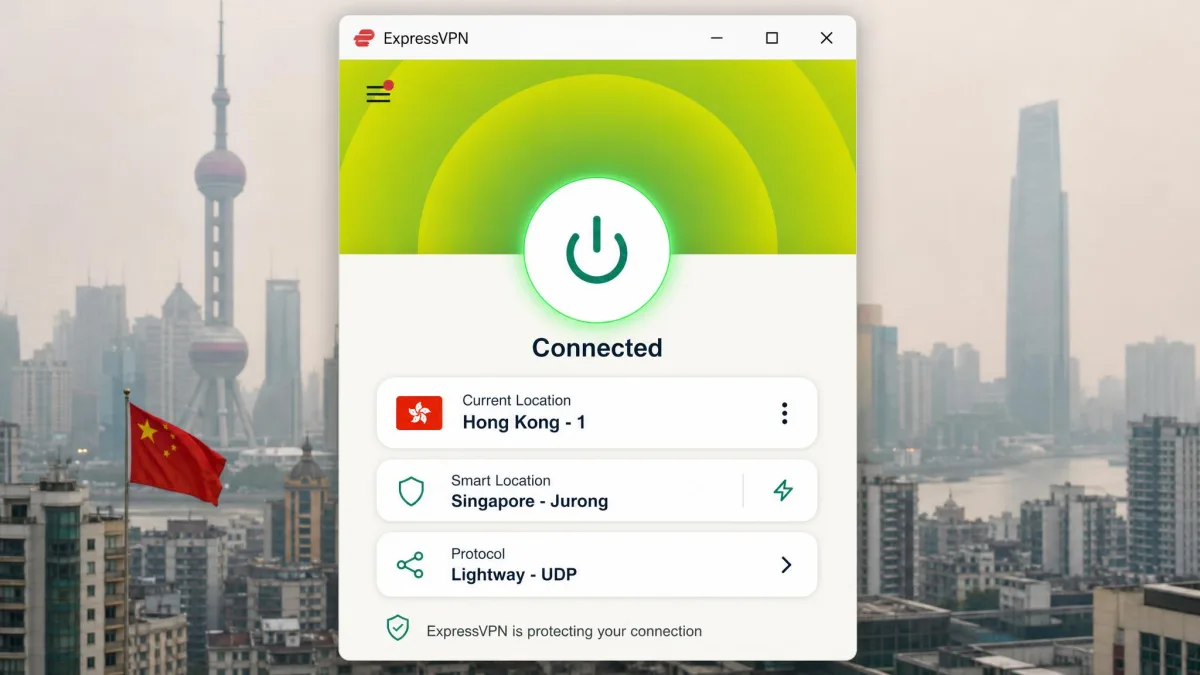 ExpressVPN app showing a successful connection to a Hong Kong server from within China, with the large connect button lit green and Lightway listed as the active protocol.