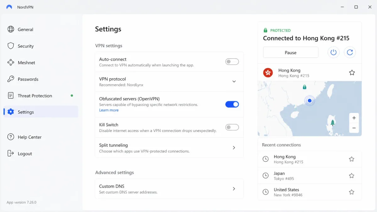 NordVPN desktop app settings screen with the obfuscated servers toggle switched on and a Hong Kong server selected, showing the connection status as protected.