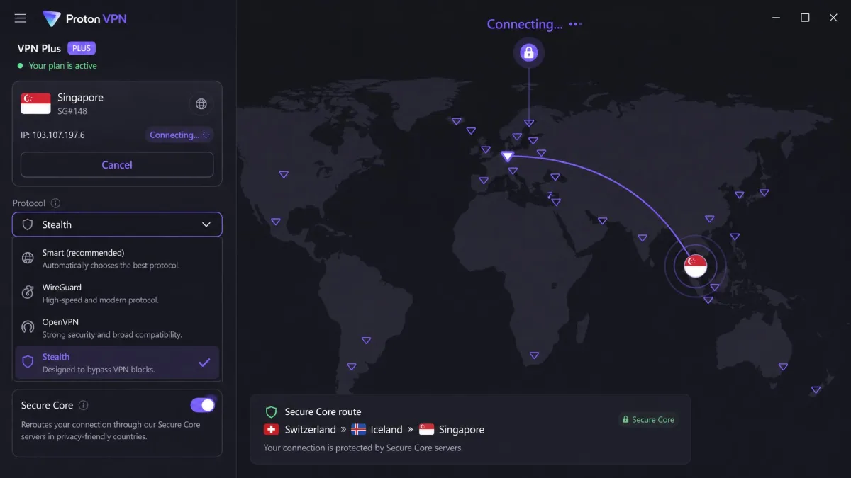 Proton VPN app protocol menu with Stealth selected on a paid plan, connecting to a Singapore server, with the Secure Core option visible.