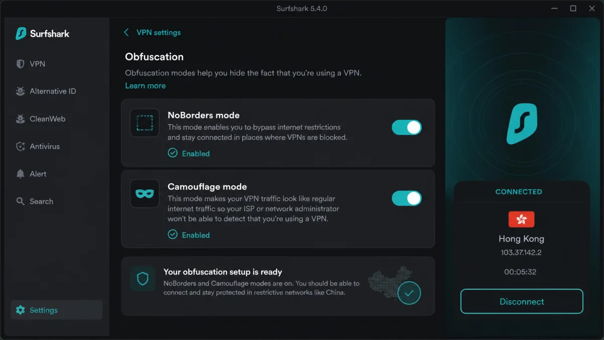 Surfshark app settings panel with NoBorders mode and Camouflage mode both toggled on, illustrating the obfuscation setup needed to connect from China.