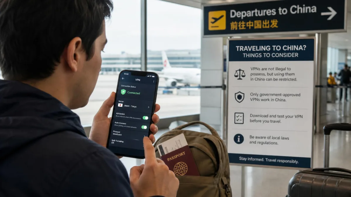 A traveler checking VPN app settings on a phone at an airport, representing the practical and legal considerations of VPN use before entering China.