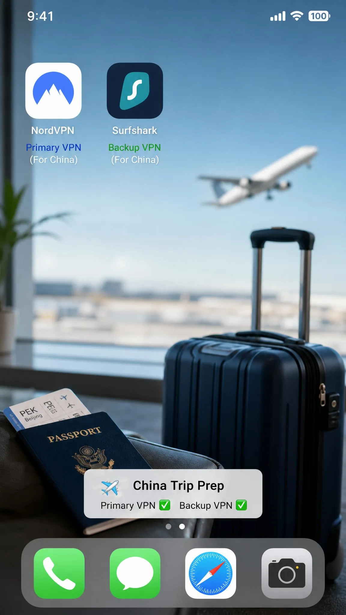 A smartphone home screen showing two different VPN apps installed side by side before travel, illustrating the pre-departure setup of a primary and backup VPN for China.