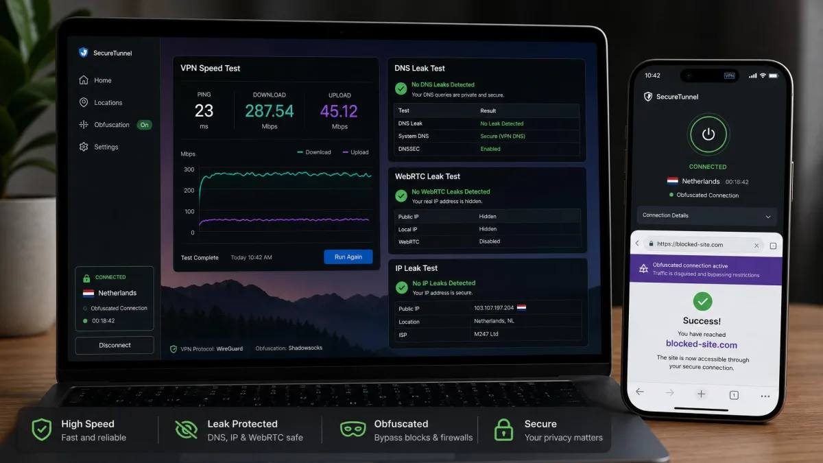 A laptop and phone side by side running VPN speed and leak tests, with a browser showing a blocked website loading successfully through an obfuscated connection.