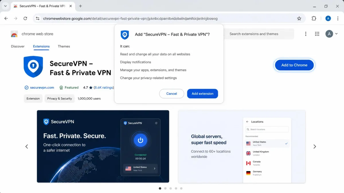 The Chrome Web Store page for a VPN extension with the blue Add to Chrome button highlighted and the permissions confirmation dialog appearing.