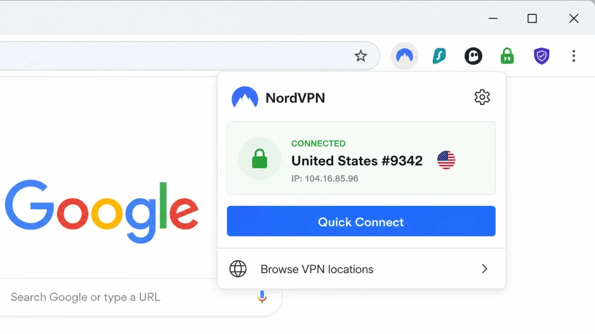 Five VPN extension icons pinned side by side in the Chrome toolbar, with the NordVPN extension popup open showing a Quick Connect button and a connected status.
