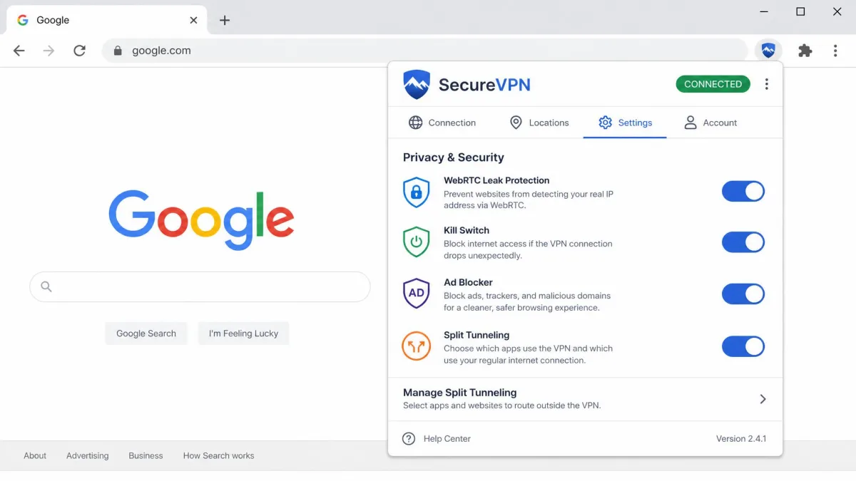A VPN extension settings panel open in Chrome showing toggles for WebRTC leak protection, kill switch, ad blocker, and split tunneling, illustrating the key features to look for.