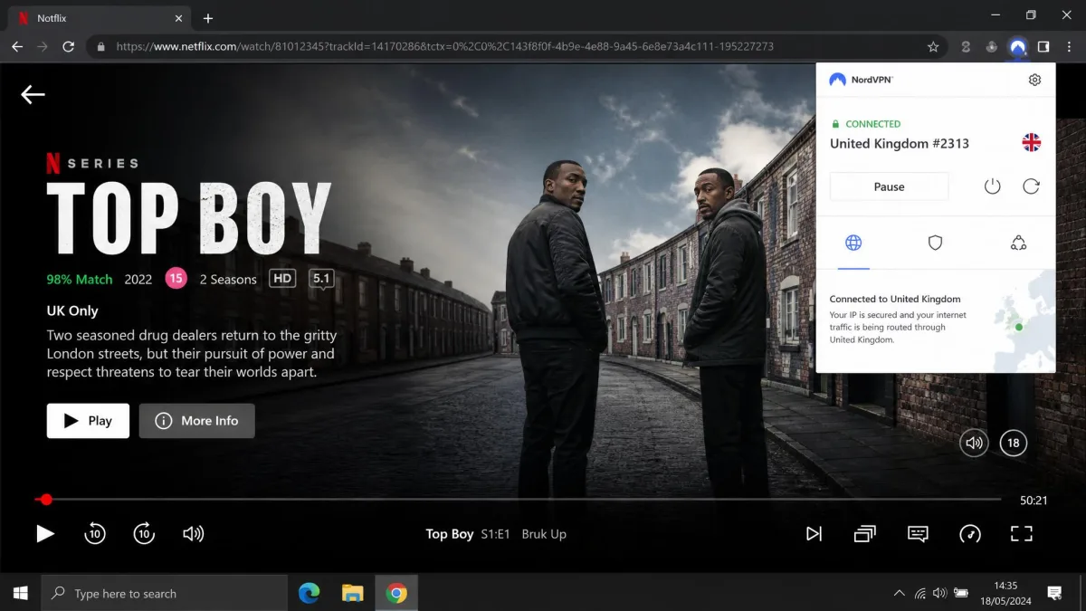 A Chrome browser window streaming a UK-only Netflix title in HD while a VPN extension in the toolbar shows a connected United Kingdom server.
