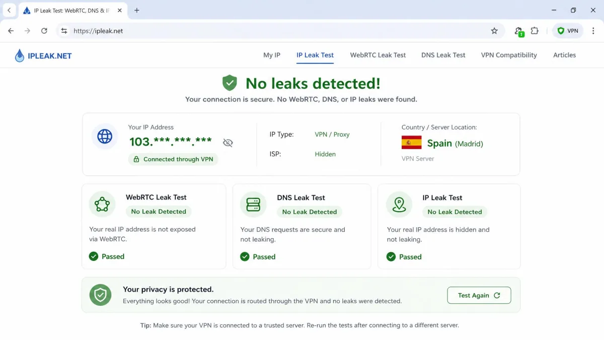 A browser leak-test results page showing no WebRTC or DNS leaks while connected through a VPN extension, with the masked IP address and server country highlighted.