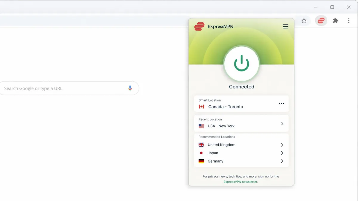 ExpressVPN Chrome extension showing its large single connect button in the connected green state, with a smart location label and a menu for choosing other countries.