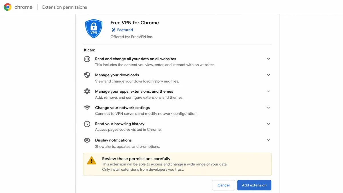 A Chrome extension permissions screen for a free VPN showing the list of data-access permissions it requests, with a cautionary note about reviewing them before installing.