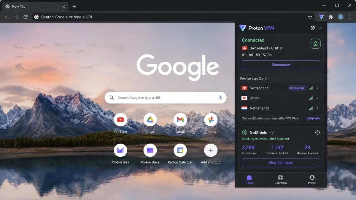 Proton VPN free Chrome extension open in the browser showing the available free server countries, a connected status, and the NetShield blocker panel.