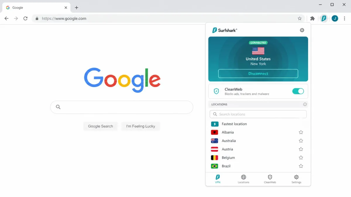 Surfshark Chrome extension open in the browser showing a connected server, the CleanWeb ad and tracker blocker toggle enabled, and a list of country locations.