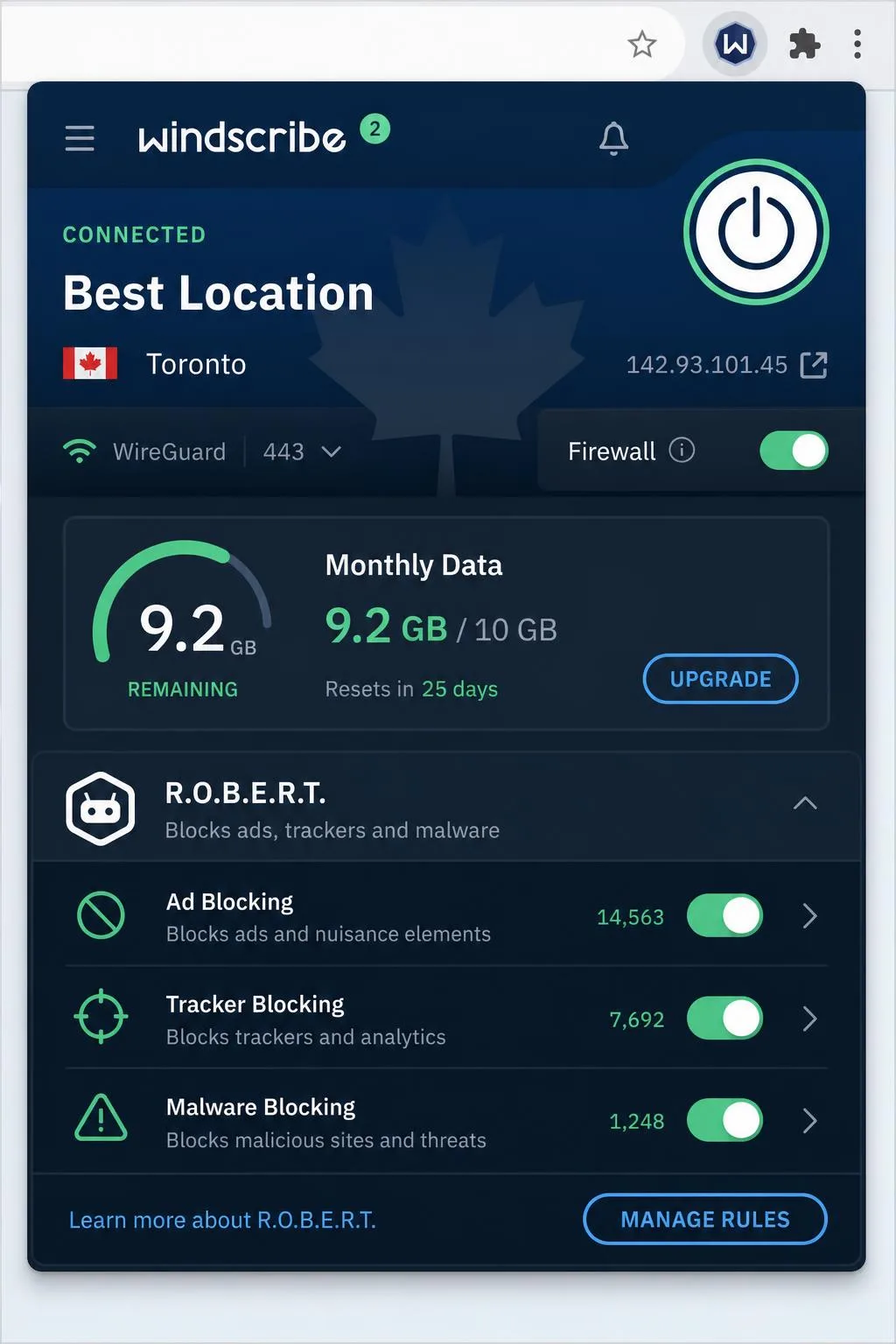 Windscribe free Chrome extension showing the connected status, the remaining monthly data allowance, and the R.O.B.E.R.T. ad and malware blocking rules panel.