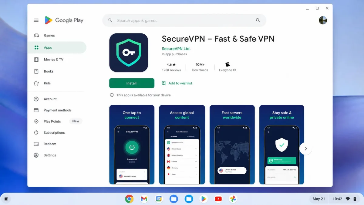 The Google Play Store open on a Chromebook showing a VPN app's install page, with the Install button visible and app screenshots below.