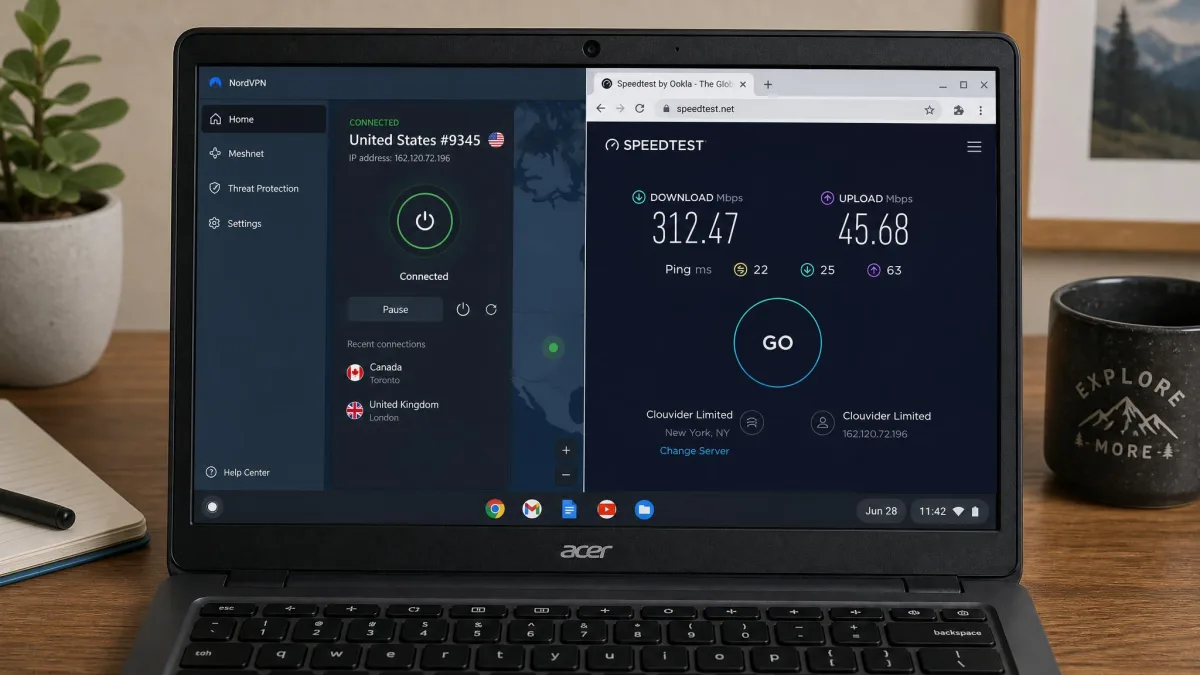 A Chromebook on a desk running a VPN speed test, with the VPN app connected on the left half of the screen and a browser-based speed test showing download and upload results on the right.