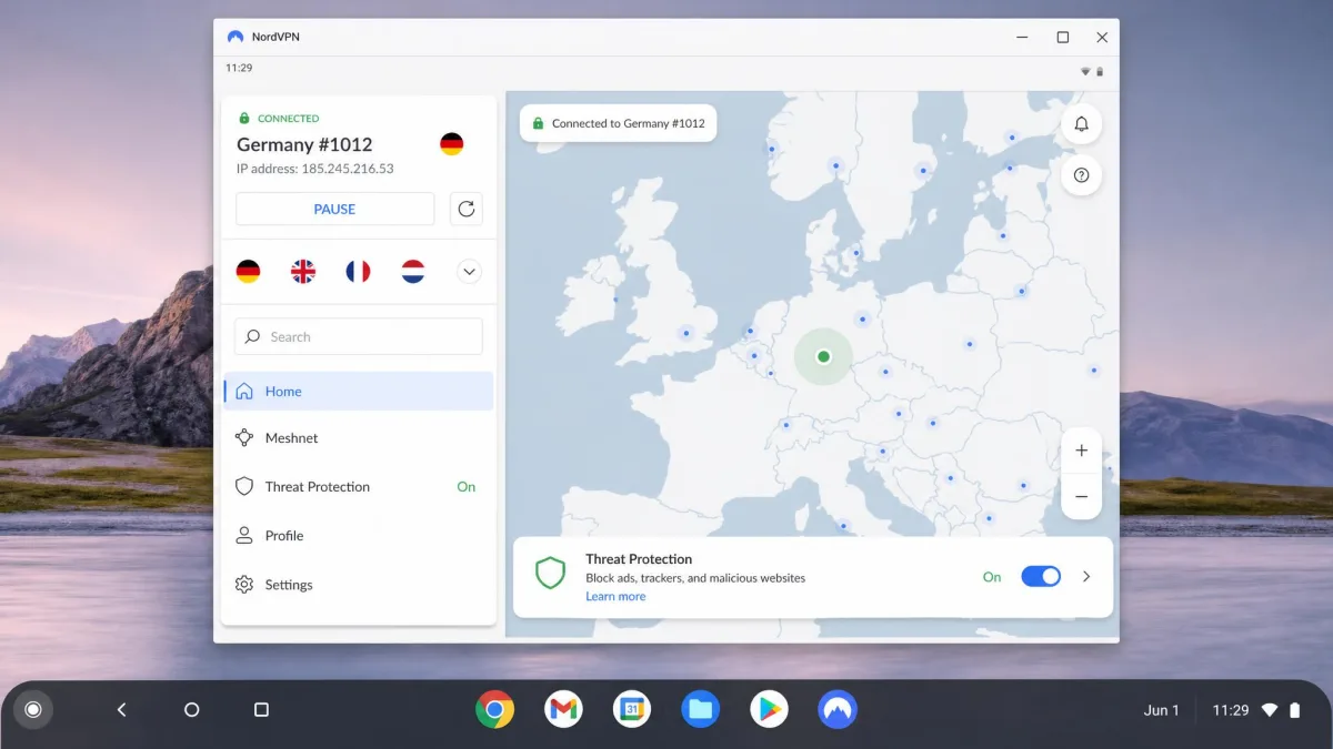 The NordVPN Android app open on a Chromebook, showing a connected status to a European server with the Threat Protection toggle enabled.