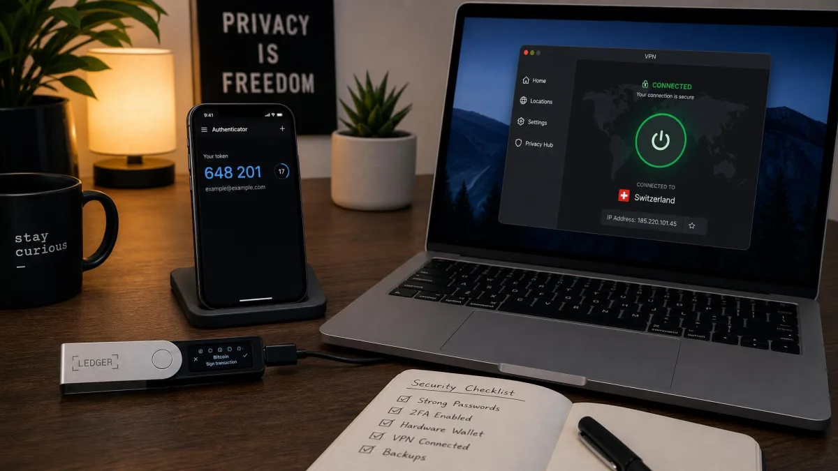 Desk setup showing a hardware crypto wallet, a phone displaying a two-factor authentication code, and a laptop with a connected VPN app.