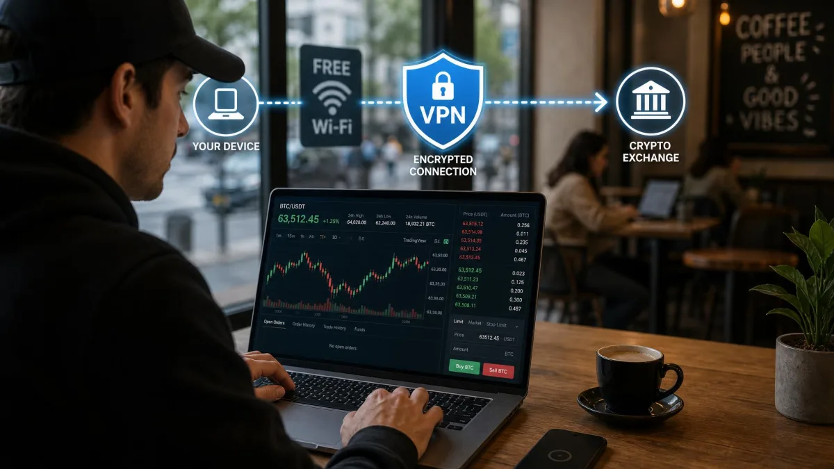 Person trading crypto on a laptop over public cafe Wi-Fi with a VPN shield icon overlaying the connection between the device and the exchange.