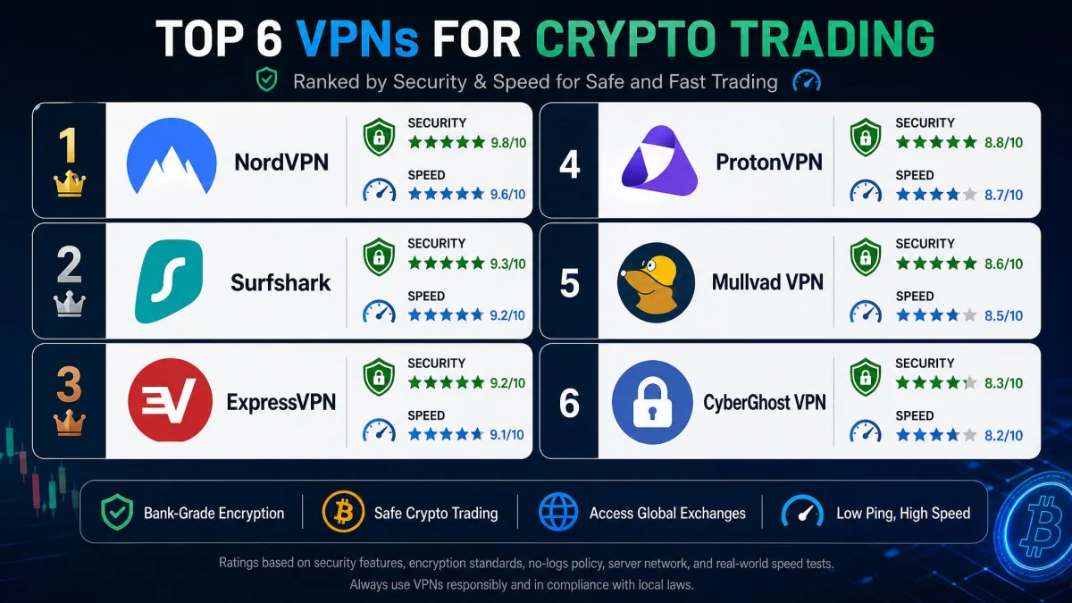 Side-by-side comparison graphic of six VPN app icons ranked for crypto trading with security and speed badges next to each.