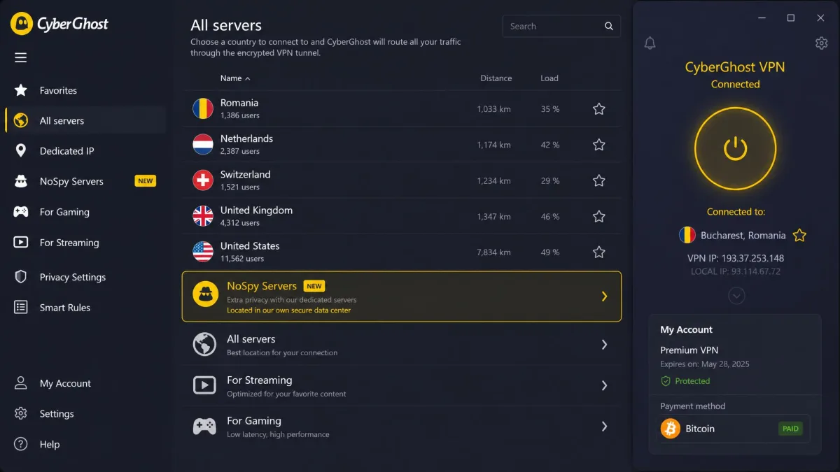 CyberGhost app server list highlighting the dedicated NoSpy servers option with a Bitcoin payment badge visible in the account panel.