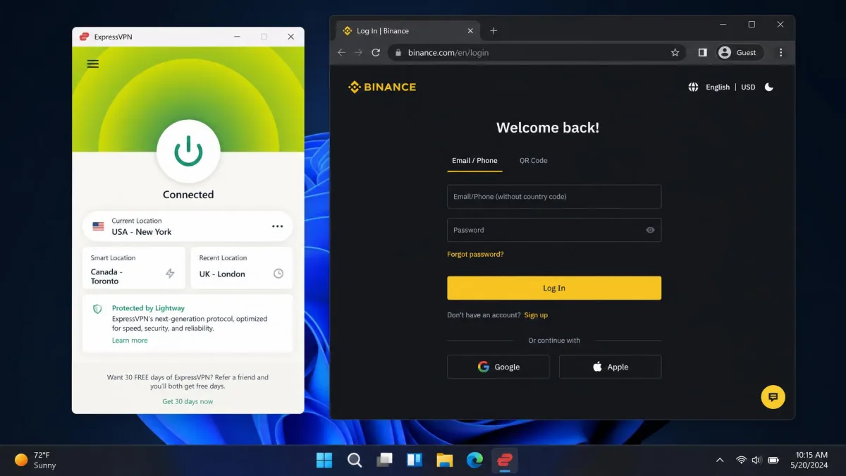 ExpressVPN connected with the Lightway protocol while a crypto exchange login page finishes loading quickly in the adjacent browser window.