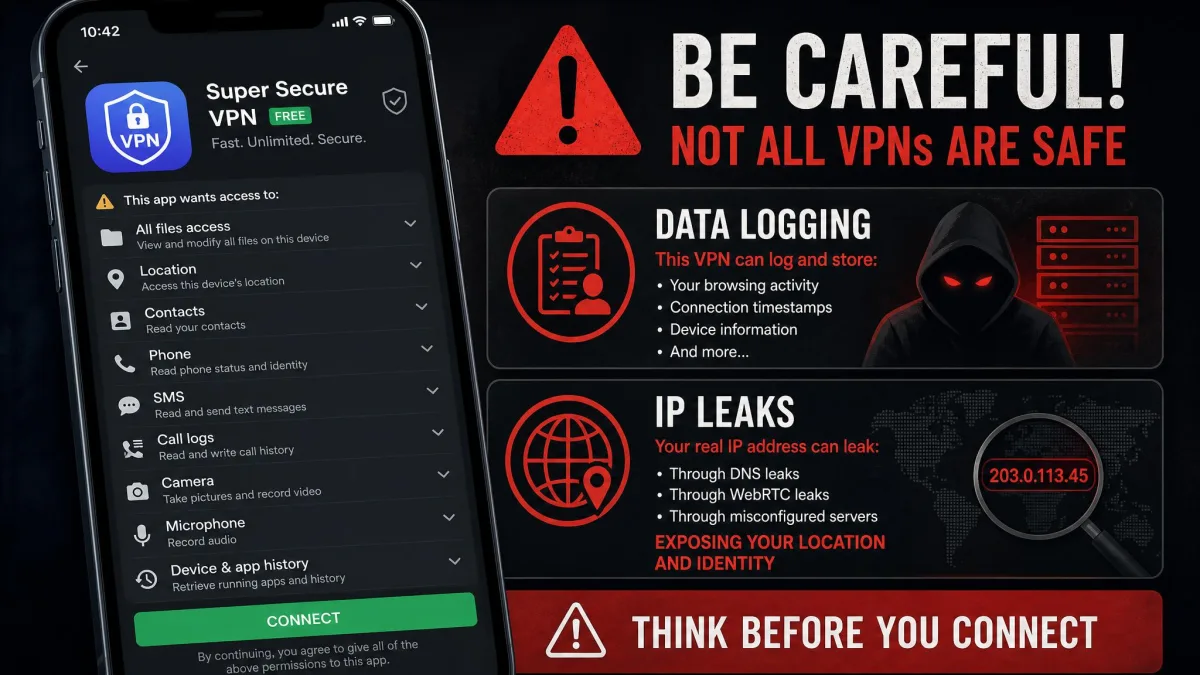 Phone screen showing a free VPN app requesting excessive permissions next to a warning graphic about data logging and IP leaks.