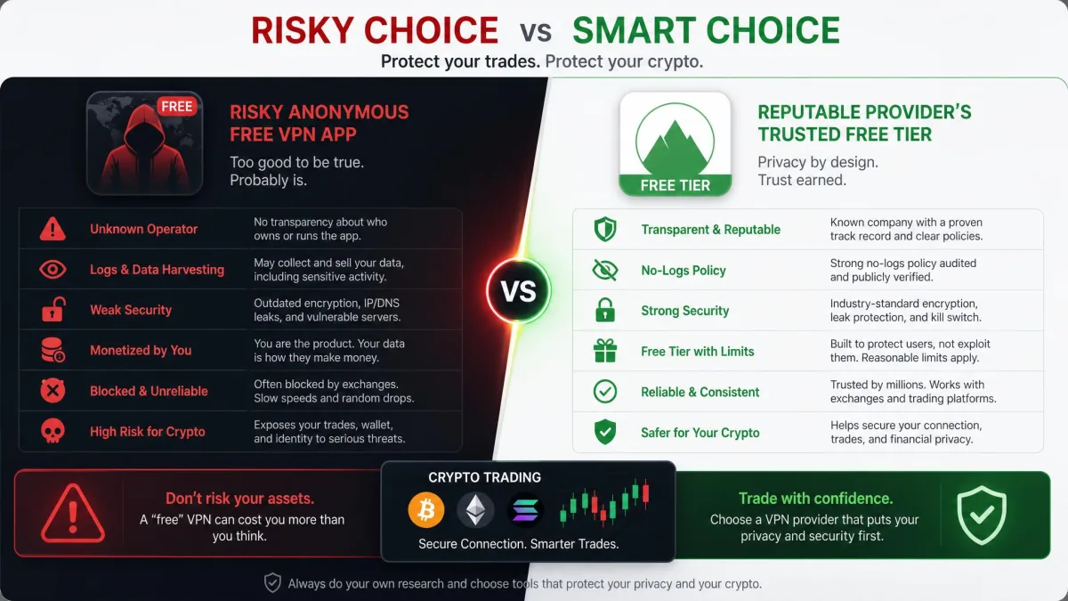 Comparison graphic contrasting a risky anonymous free VPN app against a reputable provider's trusted free tier for crypto trading.