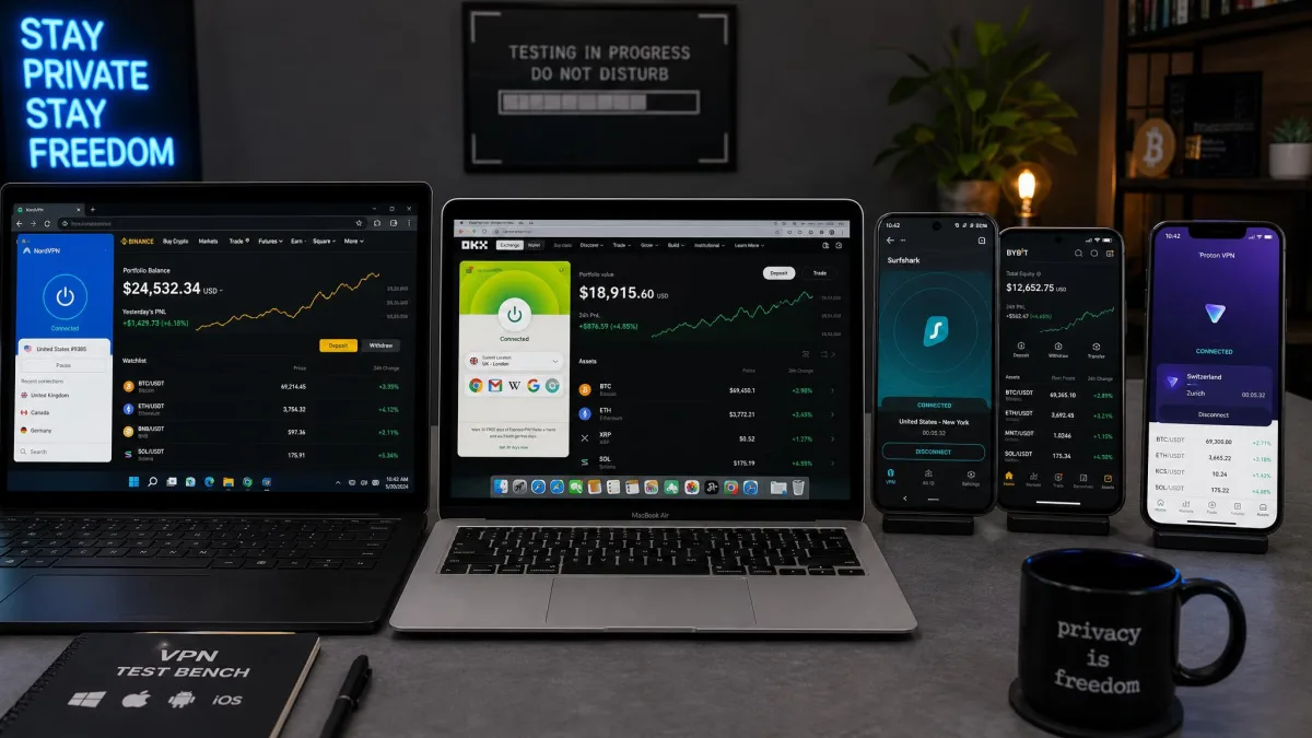 Testing bench with a Windows laptop, a MacBook, an Android phone, and an iPhone side by side, each running a different VPN app connected to a crypto exchange dashboard.