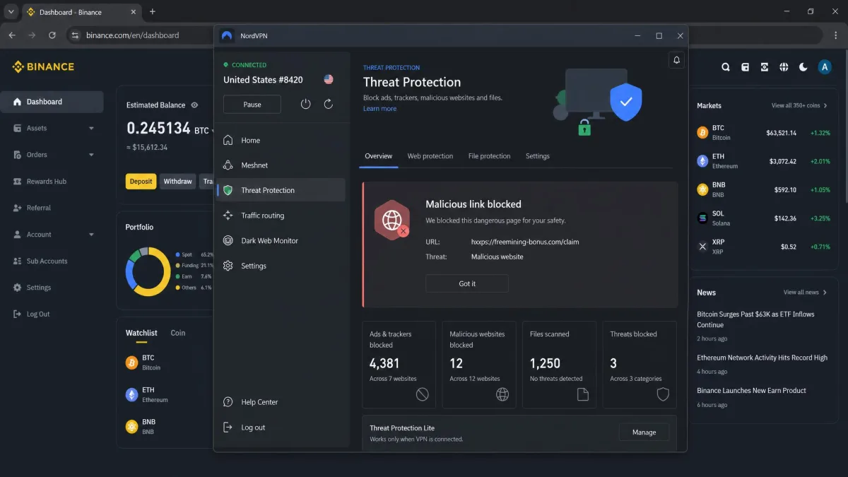 NordVPN desktop app showing the Threat Protection panel with a blocked malicious link warning while a crypto exchange dashboard sits in a background browser tab.