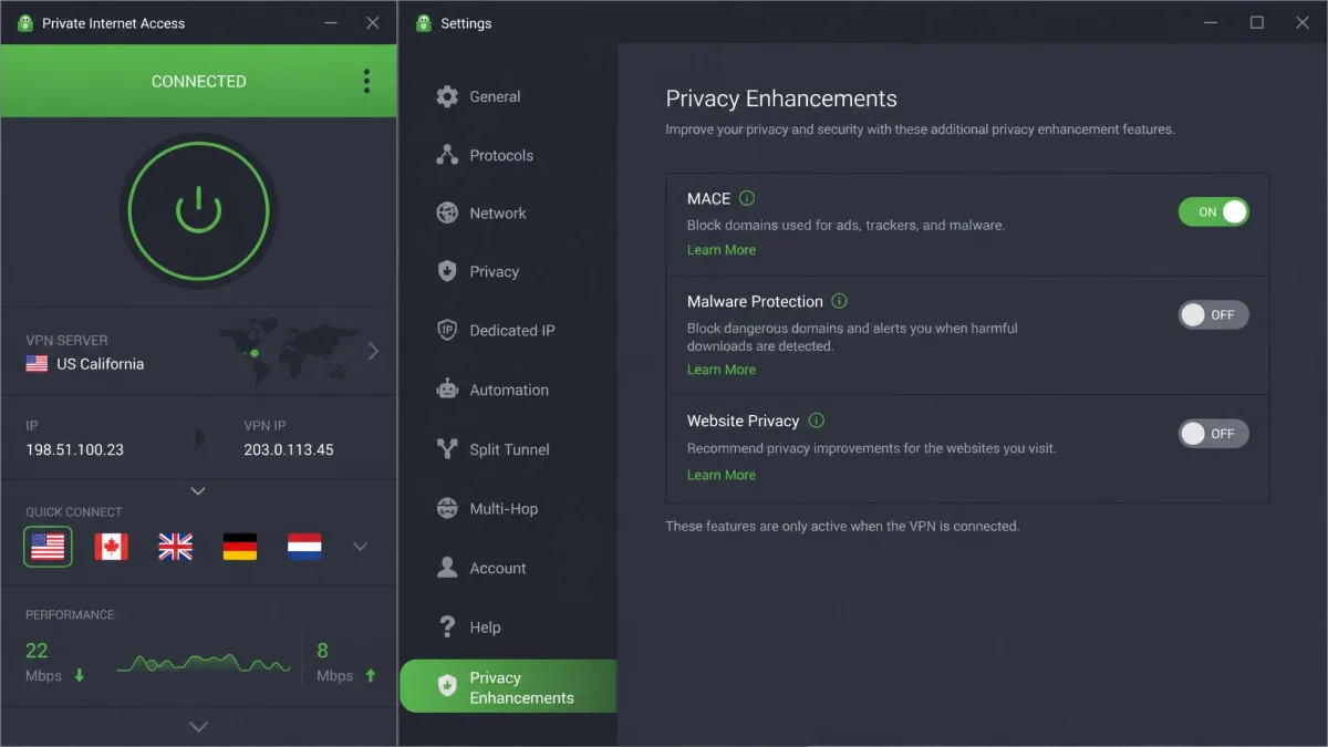 Private Internet Access app showing the US state-level server list open with the MACE ad-blocker toggle enabled in the settings panel.