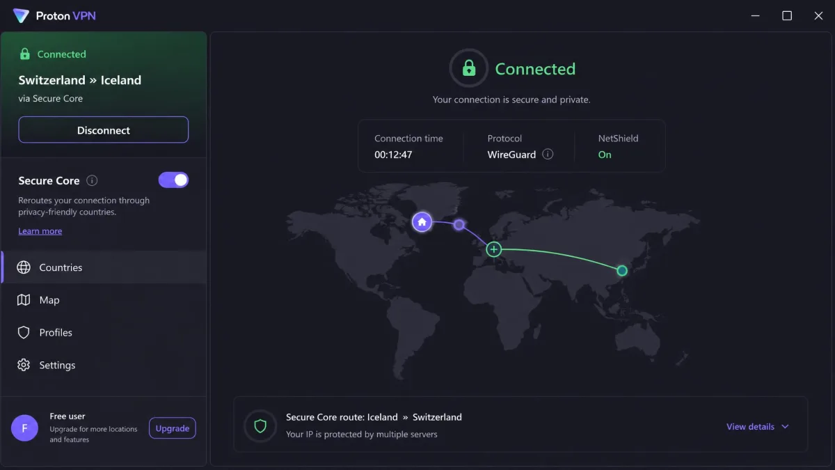 Proton VPN app connected on the free tier showing the Secure Core multi-hop toggle and a stable connection with no ads on screen.