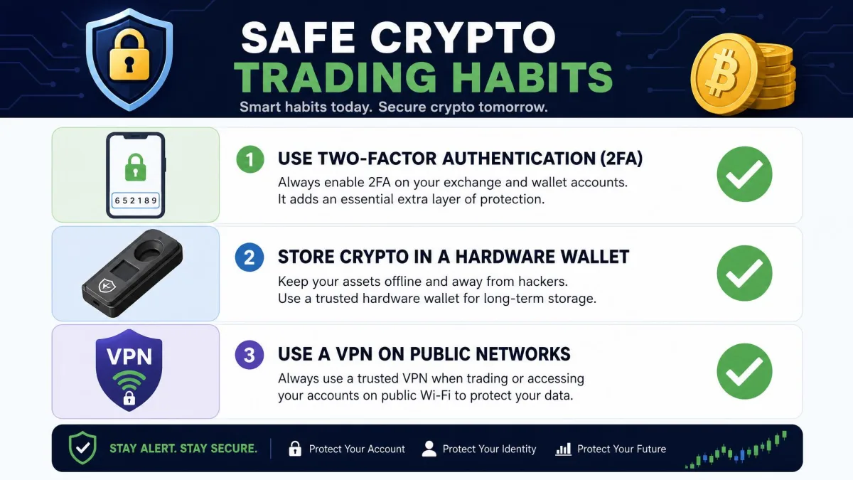 Checklist graphic of safe crypto trading habits including two-factor authentication, hardware wallet storage, and a connected VPN.
