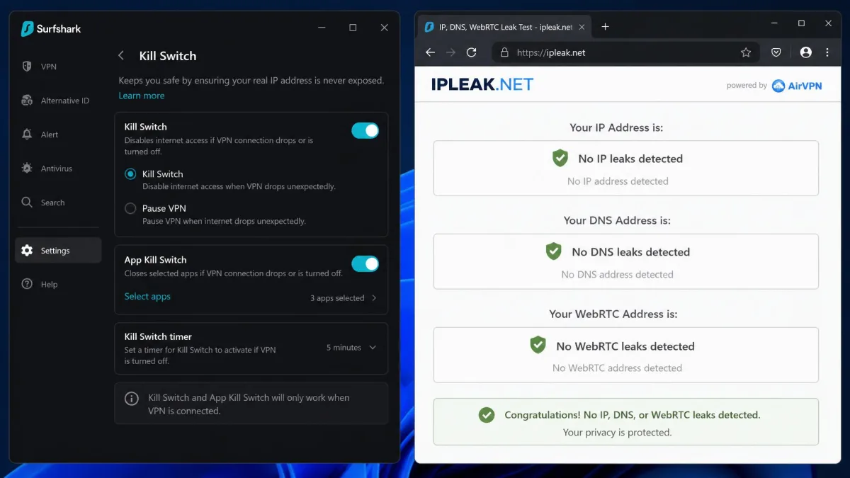 Surfshark app kill-switch settings screen beside a browser leak-test page showing no IP, DNS, or WebRTC leaks detected.