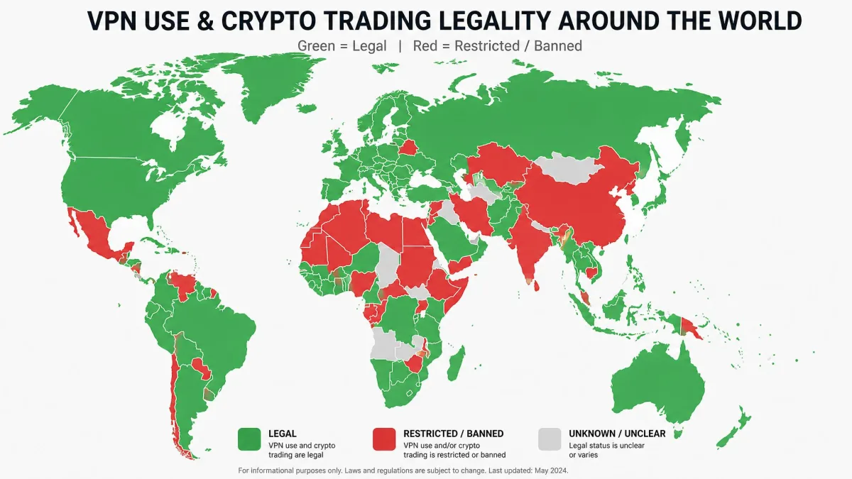 World map graphic shading countries where VPN use and crypto trading are legal in green and restricted regions in red.