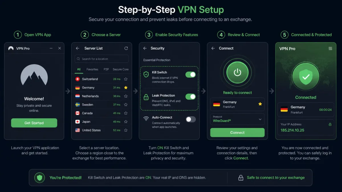 Step-by-step VPN setup screen showing the kill switch and leak protection toggles enabled before connecting to an exchange.