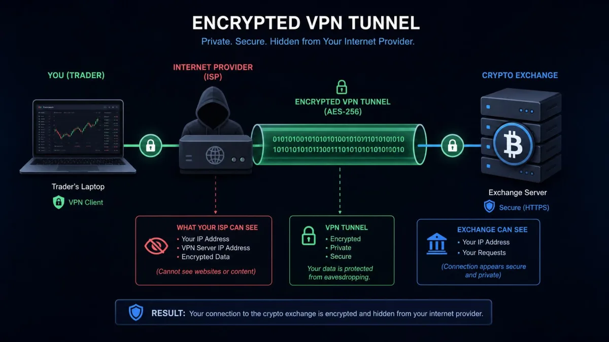Diagram of an encrypted VPN tunnel running between a trader's laptop and a crypto exchange, hiding the connection from an internet provider.