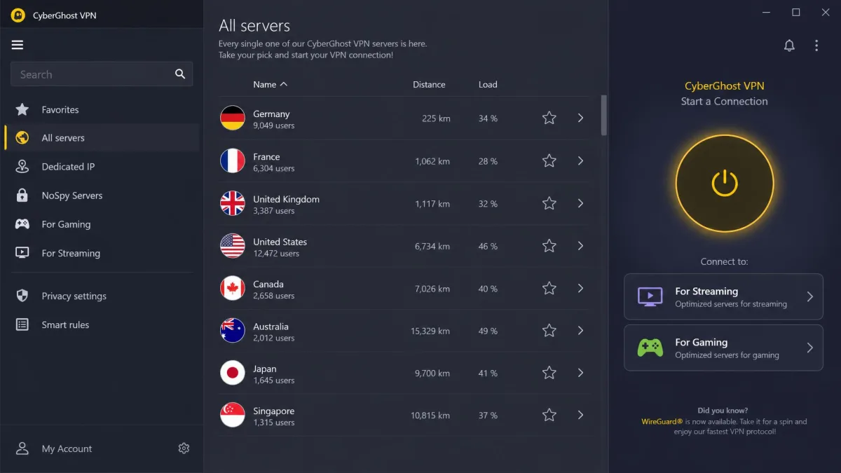 CyberGhost's Windows app with the server list open, showing country entries and labelled categories for streaming and gaming beside the large connect button.
