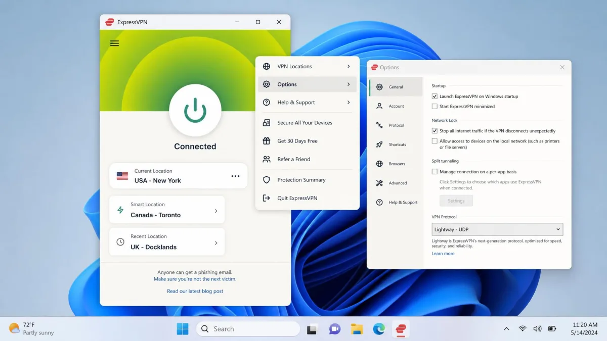 ExpressVPN's desktop app on the connected home screen, showing a Smart Location server and the Lightway protocol selected in the options menu.