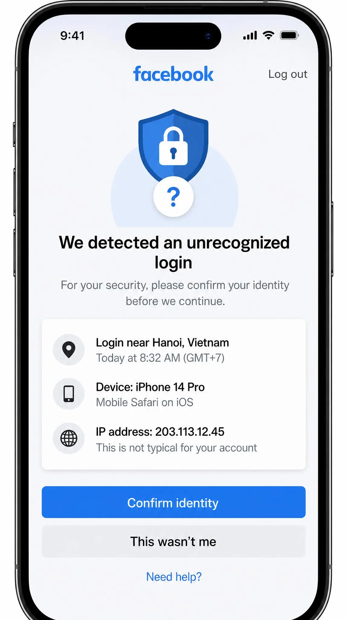 Facebook's security checkpoint screen on a phone asking the user to confirm their identity after a login from an unrecognized location.