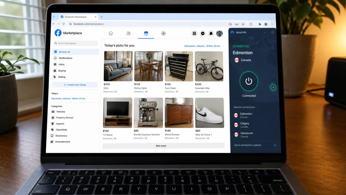 Facebook Marketplace on a laptop showing local listings for a city that matches the connected VPN server location shown in the app beside it.