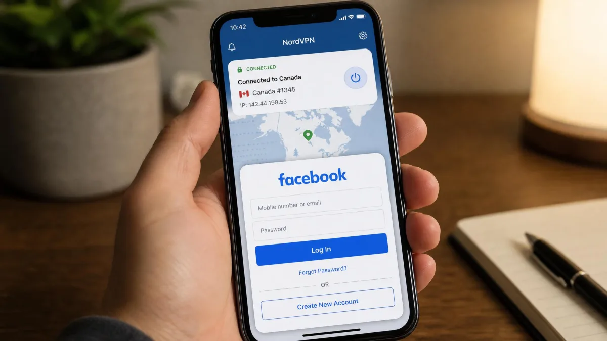 A phone showing NordVPN connected to a server in the user's home country, with the Facebook login screen open in the foreground.