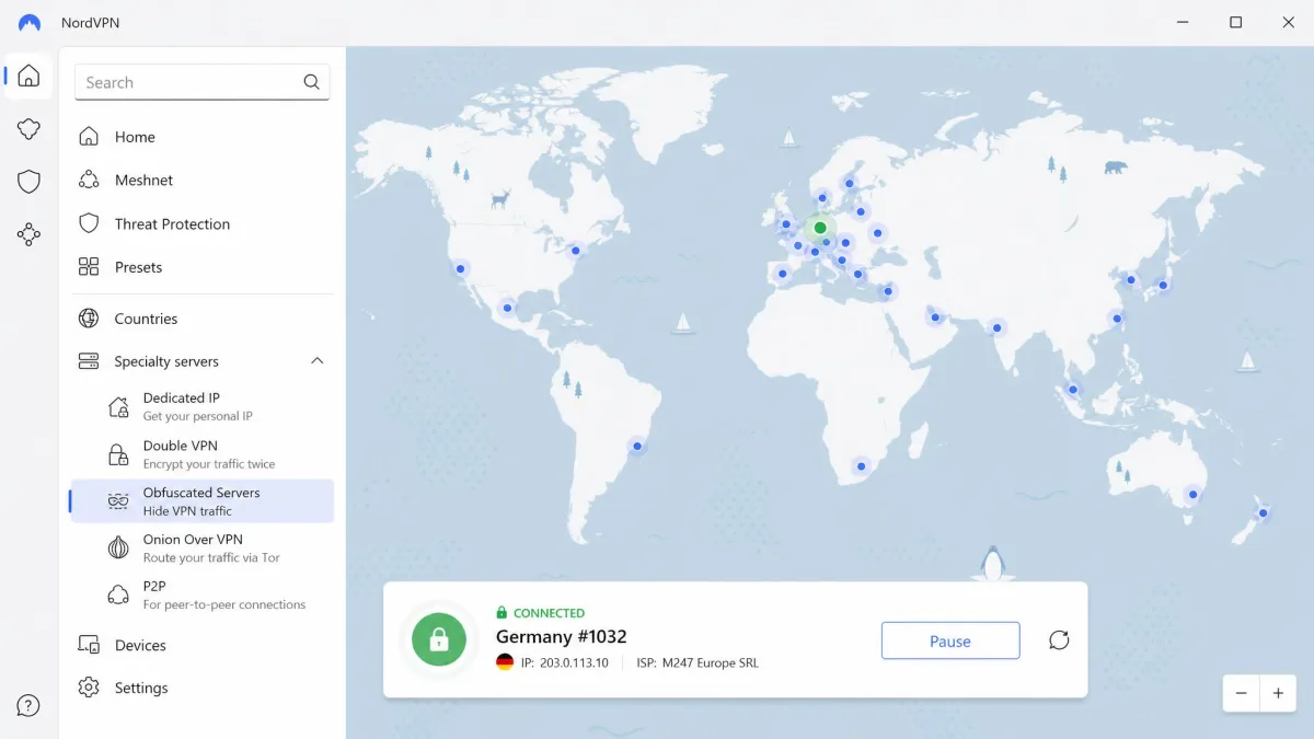NordVPN's Windows app with the Specialty servers panel expanded and the Obfuscated Servers option highlighted, next to a connected status banner.