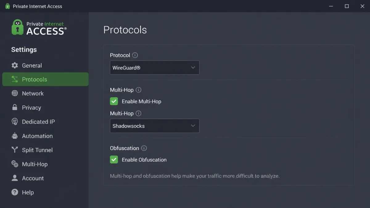 Private Internet Access desktop settings on the Protocols tab, with Multi-Hop set to Shadowsocks and the Multi-hop and Obfuscation checkbox ticked.