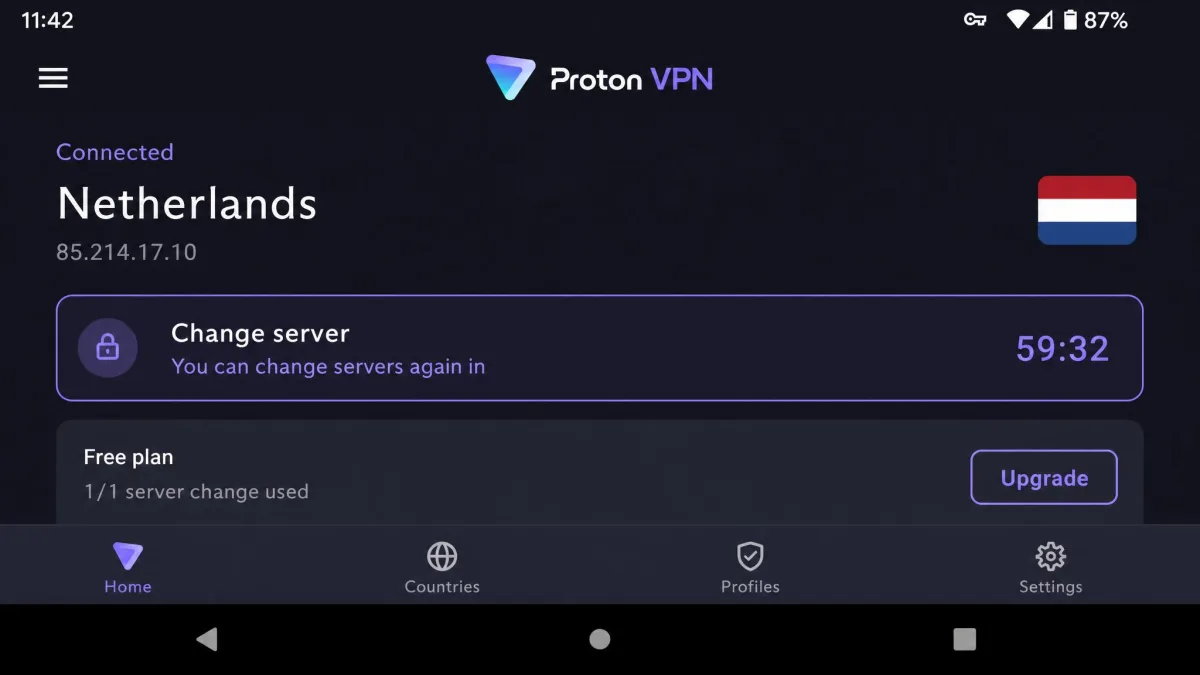 Proton VPN's free plan screen on Android showing the Change server button with a countdown timer after the user switched servers once.