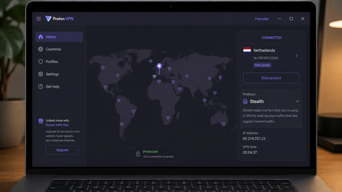 Proton VPN's free-plan app on a laptop with the protocol setting set to Stealth and the connection panel showing a free server in the Netherlands.
