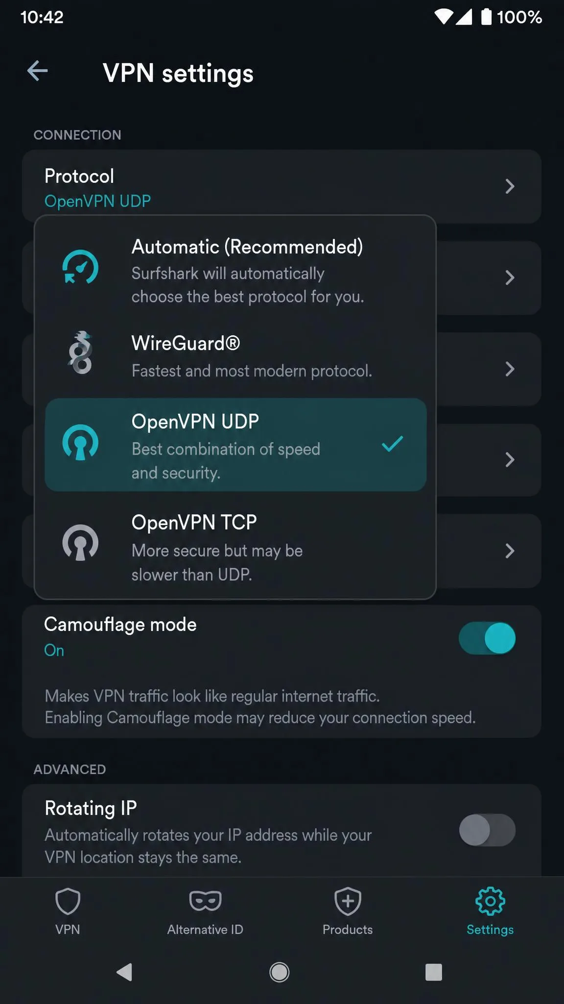 Surfshark's VPN settings screen on Android with the Protocol menu open and OpenVPN UDP selected, which switches on Camouflage mode obfuscation automatically.