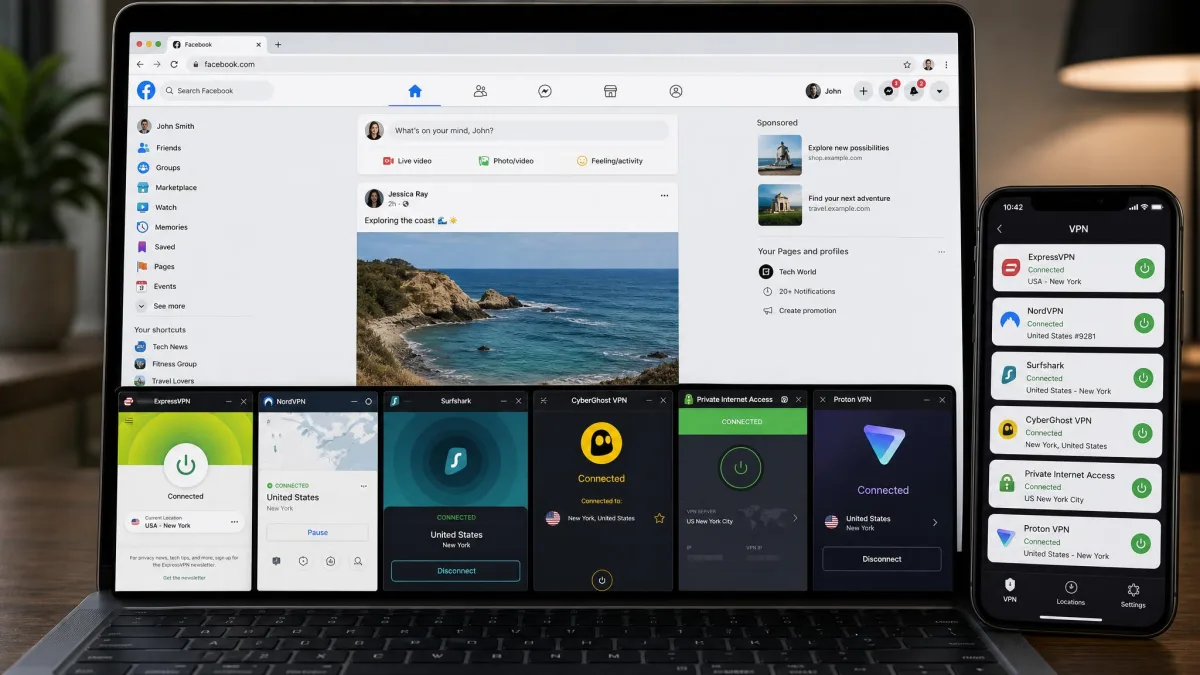 Six VPN apps open side by side on a laptop and phone, with a Facebook news feed loaded in a browser window behind them.