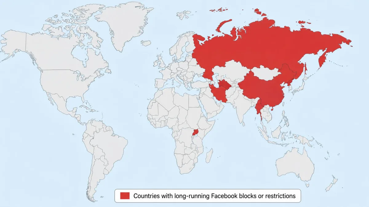 World map shading China, Iran, North Korea, Russia, Myanmar, Turkmenistan and Uganda as countries with long-running Facebook blocks or restrictions.
