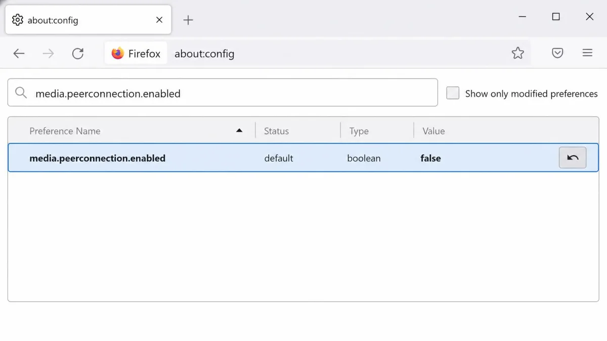 The Firefox about:config screen filtered to the media.peerconnection.enabled preference, with its value set to false and highlighted.
